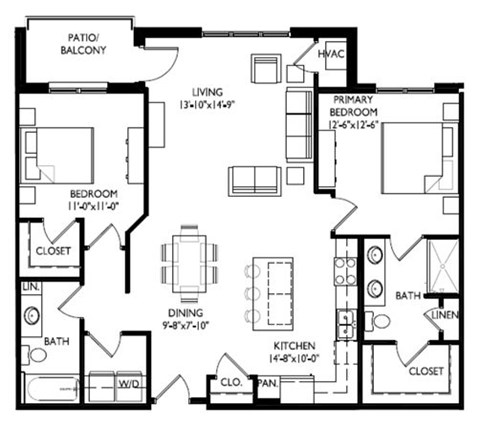 Floor plan for 2 beds, 2 baths, 1239 sqft